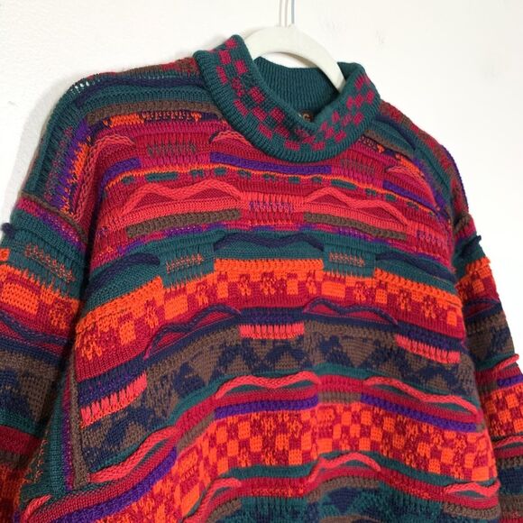 Coogi Australia 3D Knit Sweater Men's M Mock High Neck Green Orange Red Brown - Picture 2 of 8
